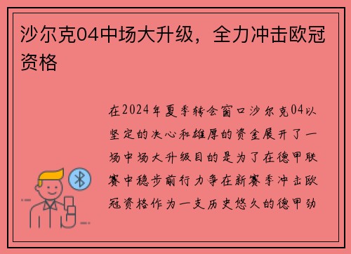 沙尔克04中场大升级，全力冲击欧冠资格