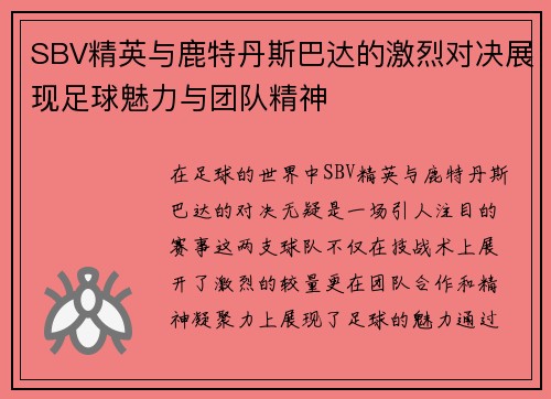 SBV精英与鹿特丹斯巴达的激烈对决展现足球魅力与团队精神