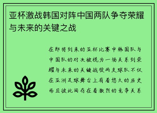 亚杯激战韩国对阵中国两队争夺荣耀与未来的关键之战